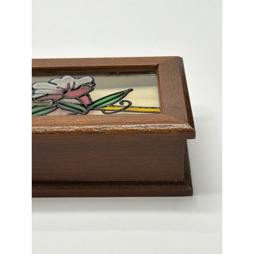 Kellerman Jewel Chest Wooden Hinged Lid Stained Glass Snail‎ Flower Art 0774